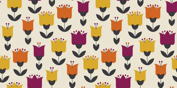 Color naranja y amarillo retro motivo de la flor de los años 60. Patrón geométrico floral sin costura. ilustración vectorial — Vector de stock
