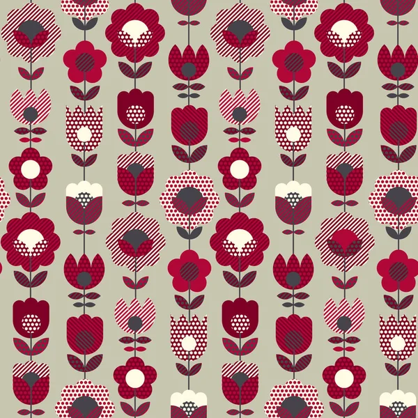 Ilustración decorativa vectorial de flores en colores retro. paleta vintage rojo y gris patrón sin costuras . — Vector de stock