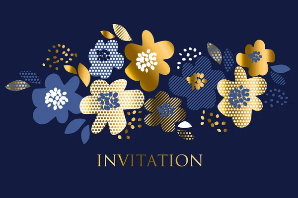 Luxury concept floral pattern with geometric texture in deep blue and gold color. Abstract spring blossom for header, cards, invitation, web and print surface design. — Stock Vector