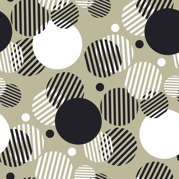Géométrie dynamique motif sans couture avec des cercles rayés pour en-tête, fond, etc. Modèle géométrique de couleur noire, blanche et beige pour la conception de surface . — Image vectorielle