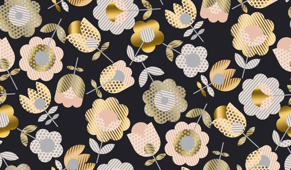 Абстрактный элегантный геометрический цветочный узор из тюльпанов без швов для оформления поверхности. Весенние цветы в золотом и бледно-розовом цвете. Векторная иллюстрация на черном фоне . — стоковый вектор