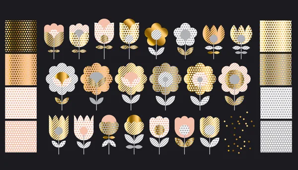 Abstract eenvoudig folk elegante bloemen stijlenset voor voor kaart of poster ontwerp. Concept geometrische tulp bloemen in goud en beige kleur. Lente bloesem vectorillustratie. — Stockvector