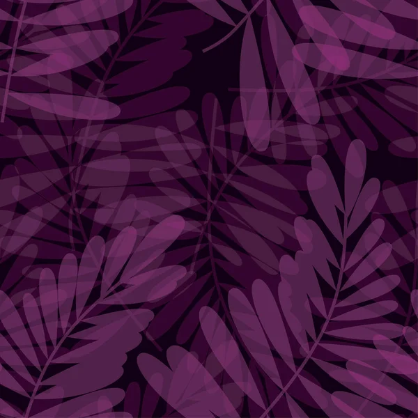 Roxo violeta tropical sem costura padrão vetor ilustração para cartão, convite, cartaz, cabeçalho. motivos exóticos de folhas de floresta escura para design de superfície, tecido, papel de embrulho . — Vetor de Stock