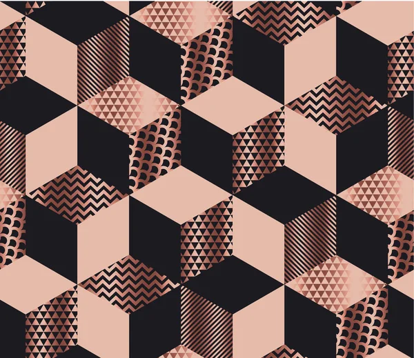 Formas geométricas de lujo mosaico en oro rosa pálido y colores negros. Geometría cubo y hexágono patrón sin costura . — Archivo Imágenes Vectoriales