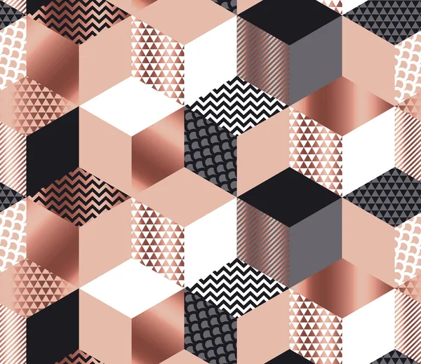 Luxuriöse geometrische Formen Mosaik in Roségold, grau, weiß und schwarz. Geometriewürfel und sechseckiges nahtloses Muster. — Stockvektor