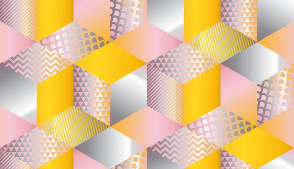 Luxus geometrische Formen Mosaik in Pastellfarben. Geometrie Würfel und Sechseck Musterdesign mit Silber. Hintergrund für moderne Oberflächengestaltung für Sommer und Strand. — Stockvektor