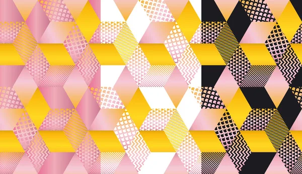 Niedlichen und stilvollen geometrischen Formen Mosaik in Pastellfarben. Geometriewürfel und sechseckiges, nahtloses Muster mit sonnigen gelben und zartrosa Farben. nahtloser Hintergrund für modernes Sommer-Oberflächendesign. — Stockvektor