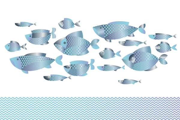 Patrón de pesca plata azul surtidos Resumen de tarjeta, invitación, afiche, diseño gráfico. Ilustración de vector concepto decorativo mariscos — Vector de stock