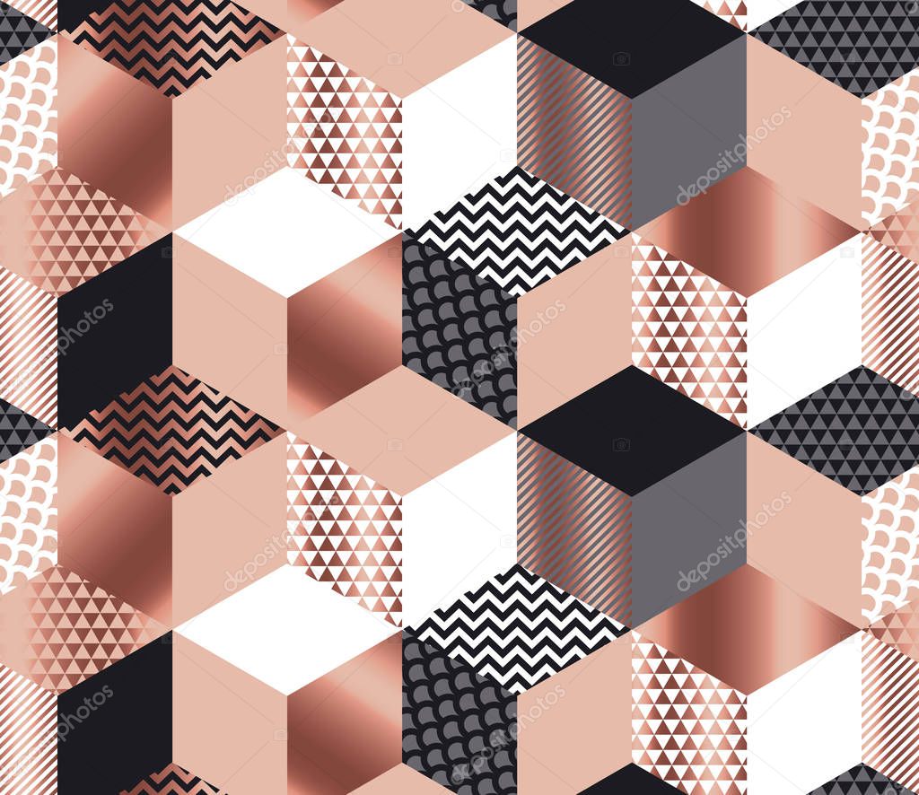 Luxury geometric shapes mosaic in rose gold, gray, white and black colors. Geometry cube and hexagon seamless pattern.