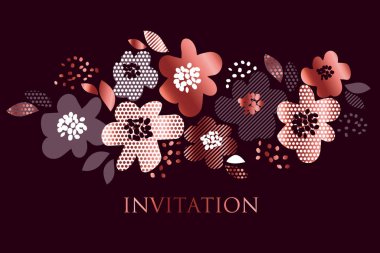 Derin siyah ve gül altın renkli geometrik doku ile lüks konsepti çiçek desenli. Üstbilgi, kartları, davet, web ve baskı yüzey tasarımı için soyut bahar çiçeği.