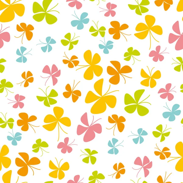 Abstracte verspreide vlinder achtergrond voor babydouche, stof, inpakpapier, pakket. Kleurrijke bloemen zomer stijl naadloze patroon. Vector illustratie voor de lol kid ontwerp van proefbaan. — Stockvector
