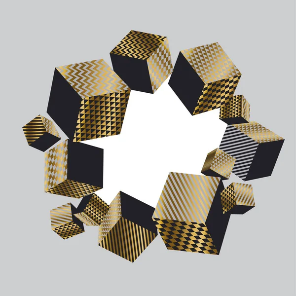 Konzept 3D Illusion geometrische Würfel Komposition für Oberflächendesign und Web. Vektorabstrakte Illustration mit geometrischen Formen in goldenen und schwarzen Farben. — Stockvektor