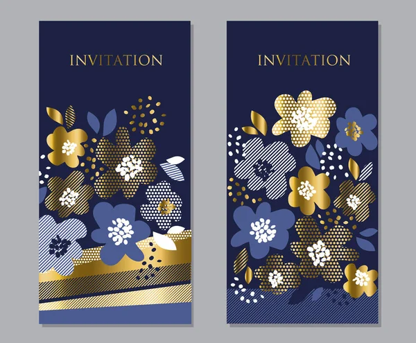 Luxury concept floral pattern with geometric texture in deep blue and gold color. Abstract spring blossom for poster, banner, invitation, web and print surface design. — Stock Vector