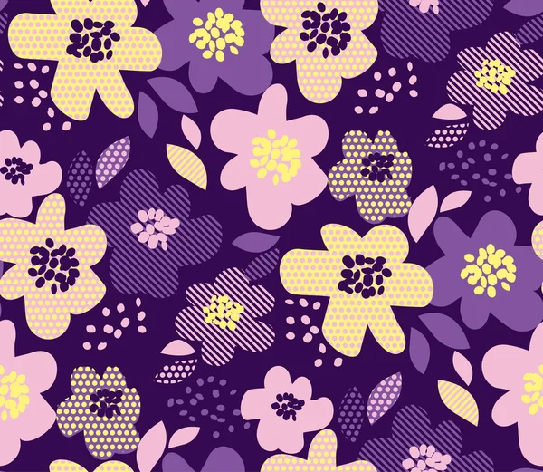 Luxus florales nahtloses Muster mit geometrischer Textur in tiefem Violett und blassgelber Farbe. abstrakte Frühlingsblüte für Stoffverpackungspapier, Web- und Druckoberflächengestaltung. — Stockvektor