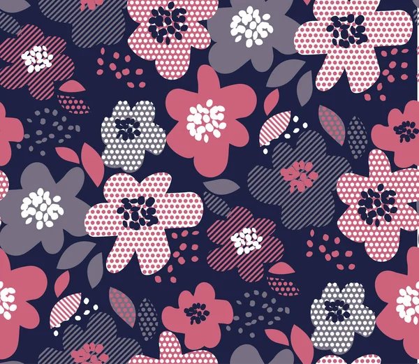 Πολυτελή floral μοτίβο άνευ ραφής με γεωμετρικά υφή σε χρώμα βαθύ μπλε και απαλούς ροζ. Αφηρημένη άνοιξη blossom repitable ΜΟΤΙΦ για ύφασμα, χαρτί περιτυλίγματος, web και εκτύπωσης επιφάνεια σχεδίασης. — Διανυσματικό Αρχείο