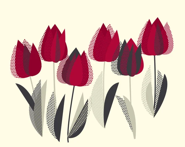 Декоративная векторная иллюстрация цветами тюльпанов в ретро-цветах. красная и серая винтажная палитра . — стоковый вектор