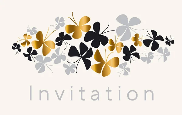 Elegáns arany és fekete pillangó, kártya, meghívás-összeállítás. Egyszerű luxus virágos vektoros illusztráció a tesztfelület kialakítása. — Stock Vector