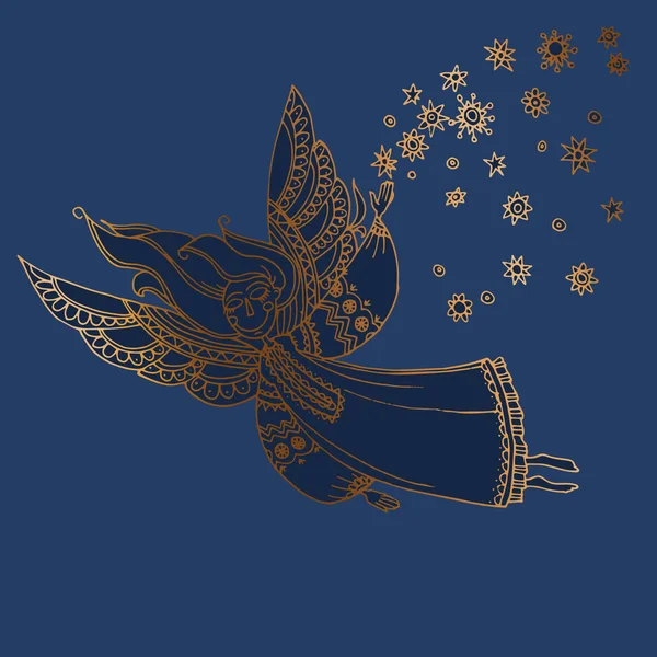 Noche de lujo azul y oro ángel niña decorativa — Vector de stock