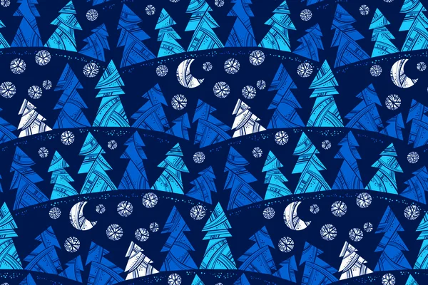 深い青の装飾的なクリスマスツリーシームレスなパターン — ストックベクタ