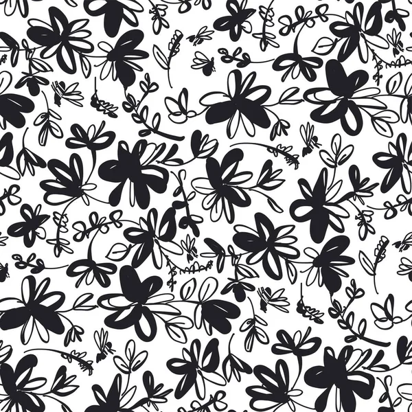 Černobílé Roztomilé Květinové Náčrtky Bezešvé Vzor Pro Pozadí Zábal Tkaniny — Stockový vektor