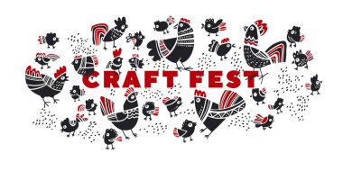 Siyah ve beyaz horozlar, tavuk ve tavuk vektör tasarım elementleri kart, başlık, davetiye, poster, sosyal medya, post publication. Halk müziği festivali daveti.