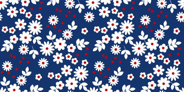 Klassisch Blau Und Rot Naive Einfache Blumen Nahtlose Muster Für — Stockvektor