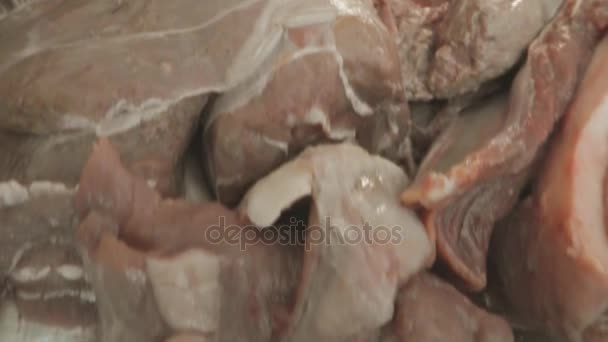 野生のイノシシ肉が生の肉皿の上に回転します。 — ストック動画
