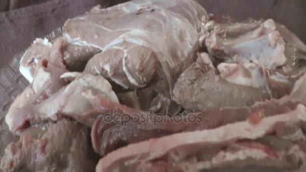 Wild Boar Meat is Spinning on the Plate the Raw Meat — Stock Video