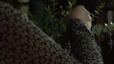 Bir çiçekçi bir kadında doğal sisal esaslı bir buket toplar. Floristik bir profesyonel bir çerçeve yeşil yapraklarla dolu özel malzeme tutar. Kırmızı manikür ile master