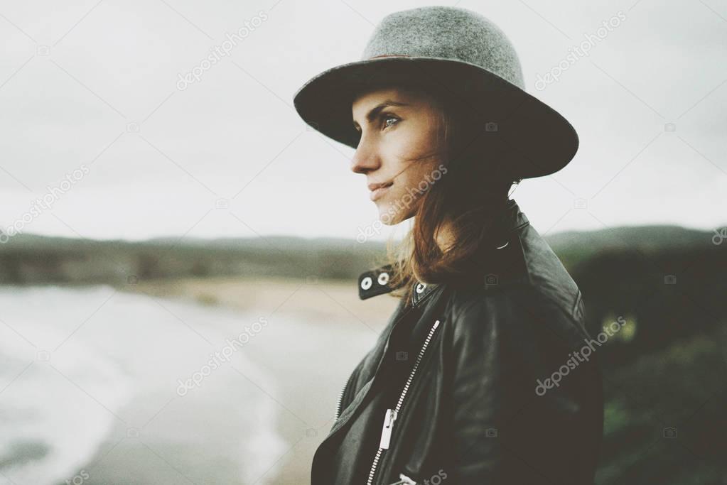 Portrait of young girl wearing hat