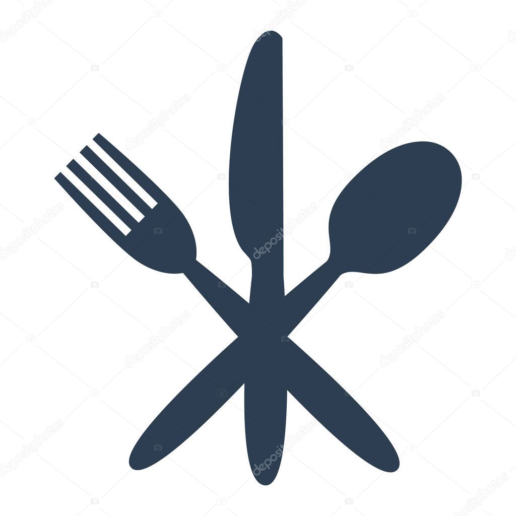 Knife, fork and spoon on white background.