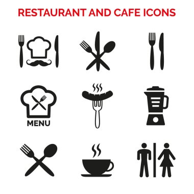 Beyaz arka plan üzerinde restoran ve kafe Icons set.