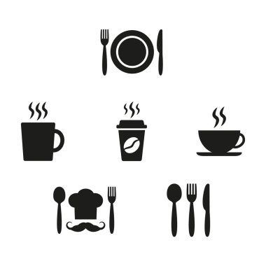 Beyaz arka plan üzerinde restoran ve kafe Icons set.