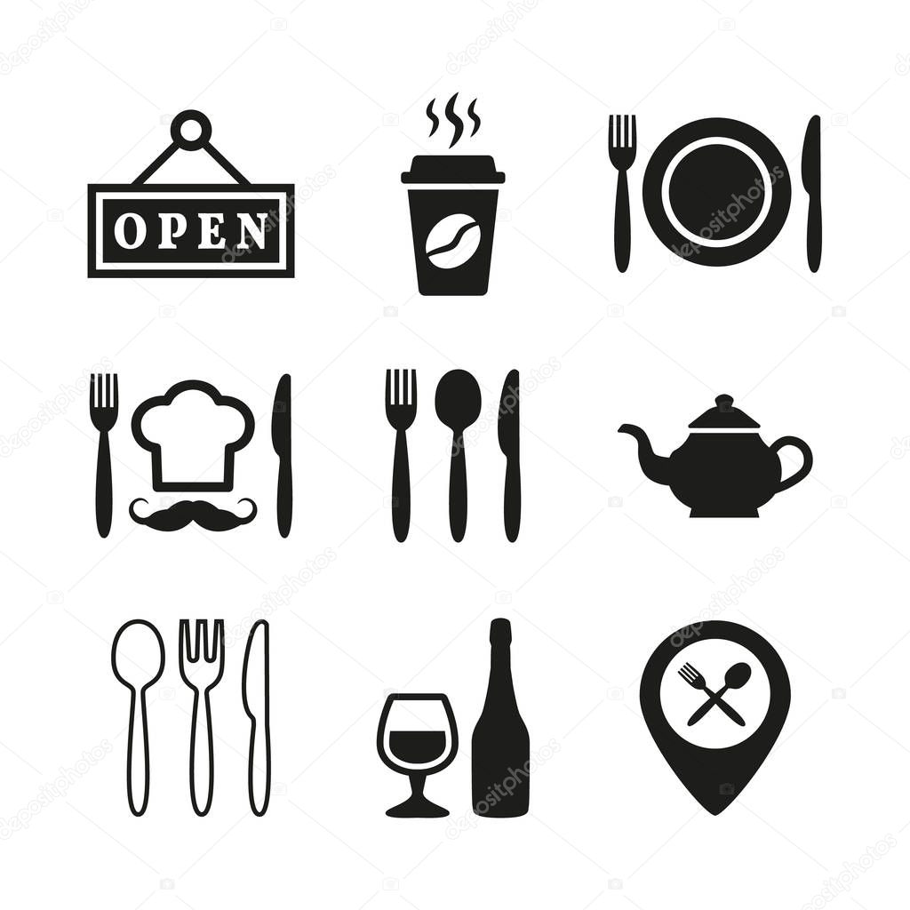 Restaurant and cafe icons set on white background.