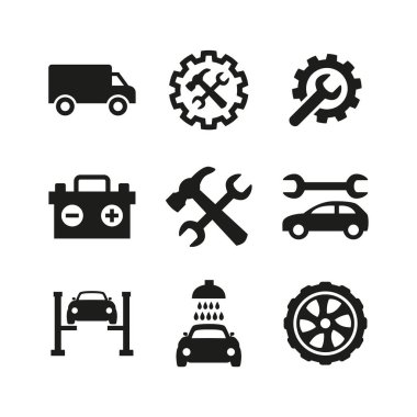 Beyaz arka plan üzerinde araba bakım ve onarım Icons set.