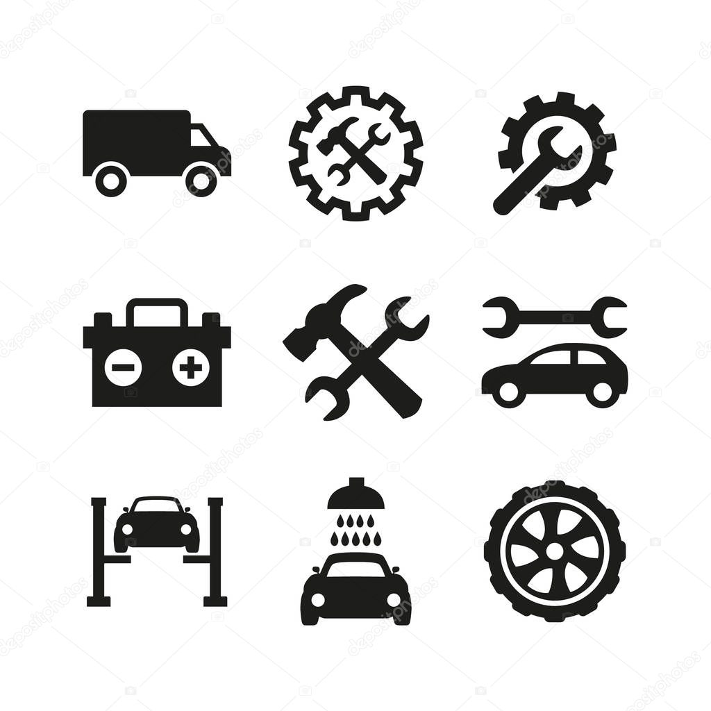 Car service and repair icons set on white background.