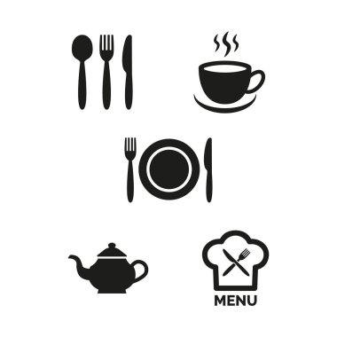 Beyaz arka plan üzerinde restoran ve kafe Icons set.