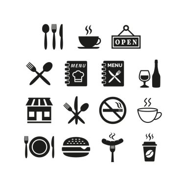 Restoran ve kafe simgeleri beyaz arka planda. Vektör illüstrasyonu
