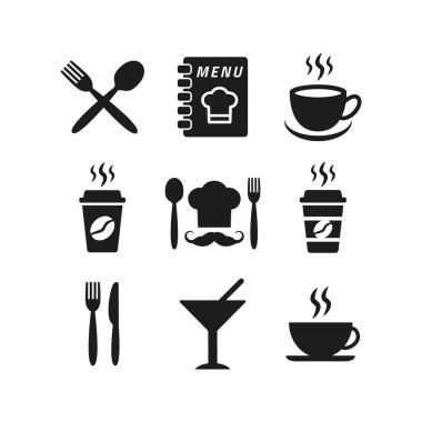 Restoran ve kafe simgeleri beyaz arka planda. Vektör illüstrasyonu