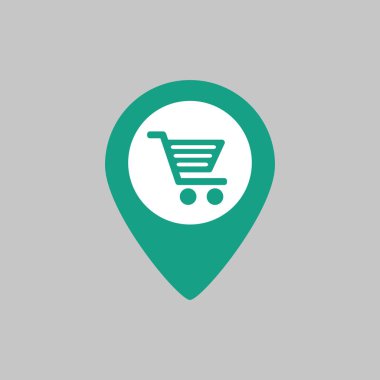 Gri arkaplanda alışveriş arabası simgesi olan harita işaretleyicisi. Vektör illüstrasyonu