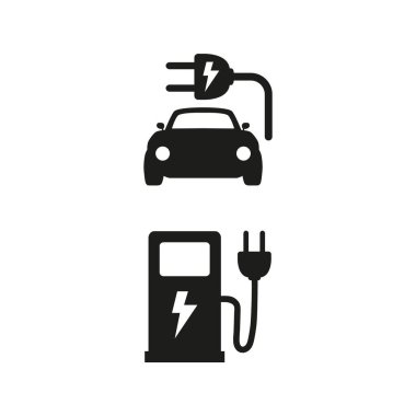 Beyaz arka planda elektrikli yakıt ve elektrikli araba ikonları var. Vektör İllüstrasyonu