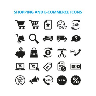 Beyaz arka planda alışveriş ve e-ticaret simgeleri. Vektör İllüstrasyonu
