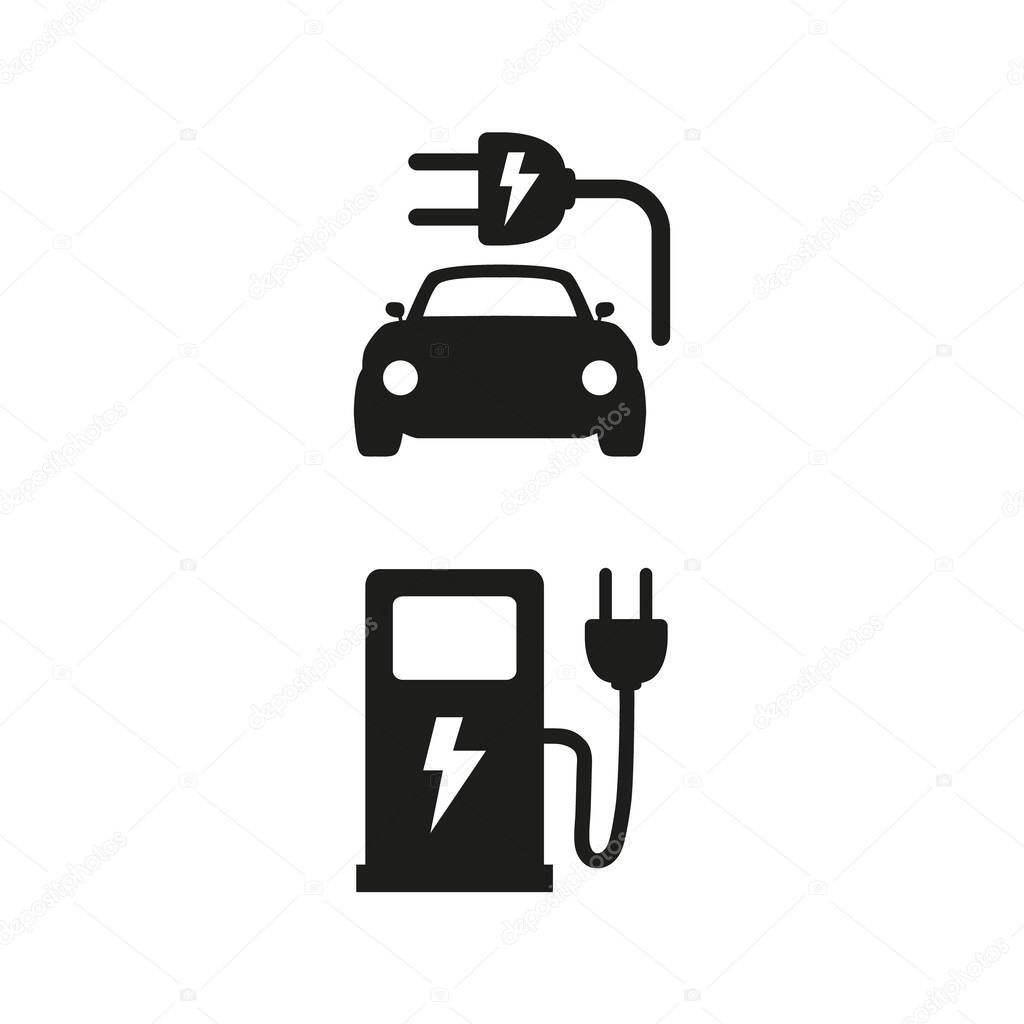 Electric fuel and electric car icons on white background. Vector Illustration