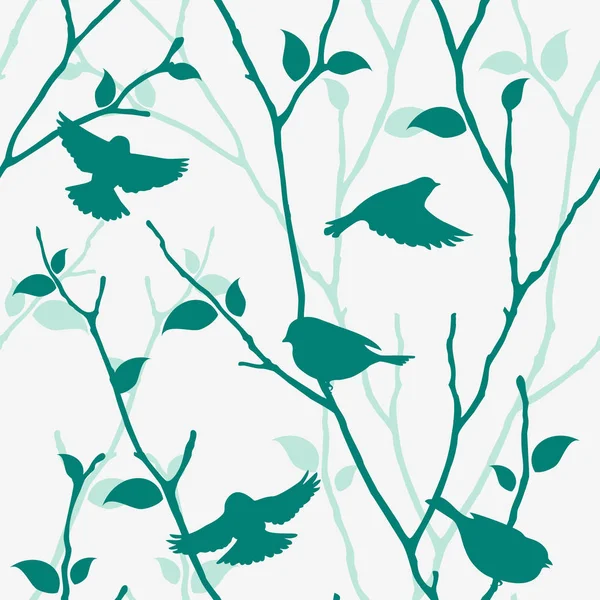 Blauwe patroon met vogels en twijgen — Stockvector