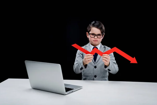 Boy with laptop and arrow — Stock Photo, Image