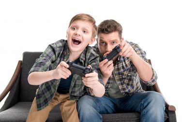 Father and son playing with joysticks clipart