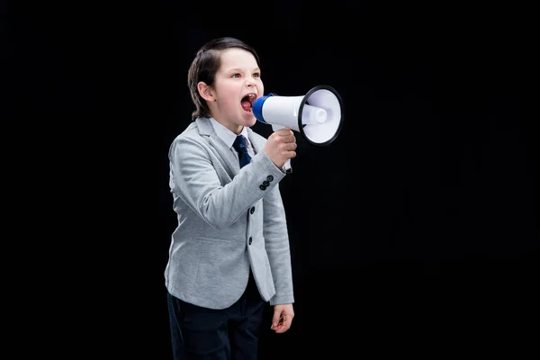 Garçon avec mégaphone criant — Photo de stock