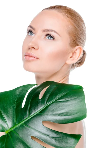 Woman with green leaf — Stock Photo, Image