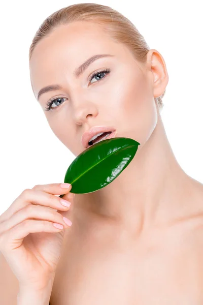 Woman with green leaf — Stock Photo, Image