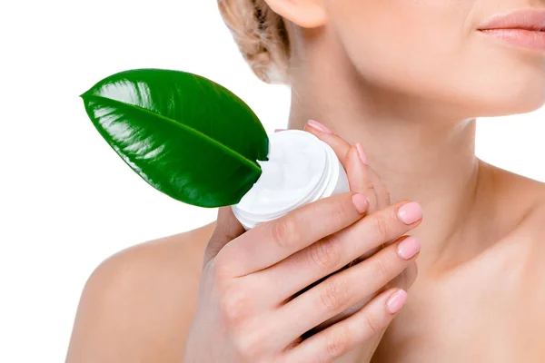 Woman with green leaf — Stock Photo, Image